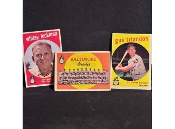 (3) 1959 TOPPS ORIOLES: WHITEY LOCKMAN, TEAM CARD & GUS TRIANDOS
