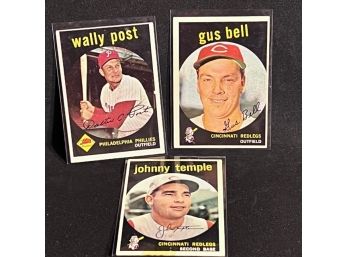 (3) 1959 TOPPS WALLY POST, GUS BELL & JOHNNY TEMPLE