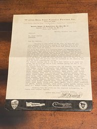 Warner Bros. First National Pictures Inc. Letter Signed By J. R. E. Lambert, General Manager 1938