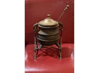 Vintage Cast Iron And Brass Smelting Pot With Utensil And Base To Hang It On (pickup Only)