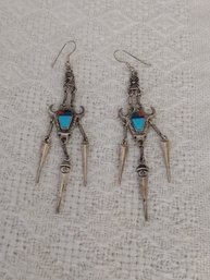 Sterling Silver Turquoise Jade  Coral Pierced Earrings
