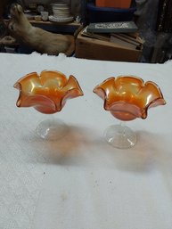 Pair Of Merrigold Carnival Glass Fluted Compotes