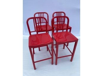 Set Of Four (4) Retro Red Metal Counter Stools