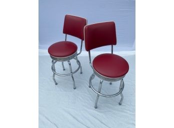 Pair (2) Of Retro Red And Chrome Stools