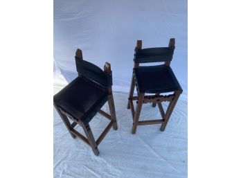 A Pair (2) Of Spanish Barstools Leather And Wood