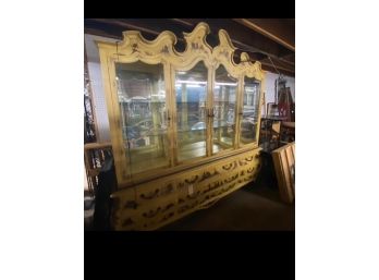 Breakfront Large Ornate Yellow Hand-painted Chinoiserie Asian Inspired  With Glass Doors