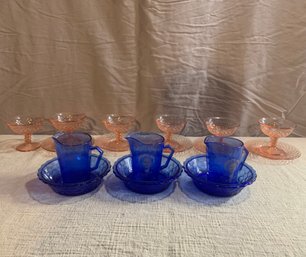 Blue Shirely Temple Set 3 Bowls And 3 Cups, Pink Stained Glasses 5 Plates 5 Glasses