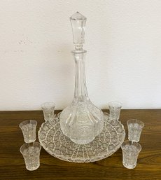 Magnificently Etched Crystal Decanter, Tray And Glasses