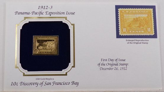 22kt Gold Replica 1912-3 (Panama-Pacific Exposition) 10C Discovery Of San Francisco Bay Stamp W/Replica