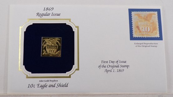 22kt Gold Replica 1869 (Regular Issue) 10C Eagle And Shield Stamp W/Replica Of Original