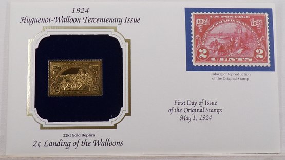 22kt Gold Replica 1904 (Huguenot-Walloon) 2C Landing Of The Walloons Stamp W/Replica Of Original