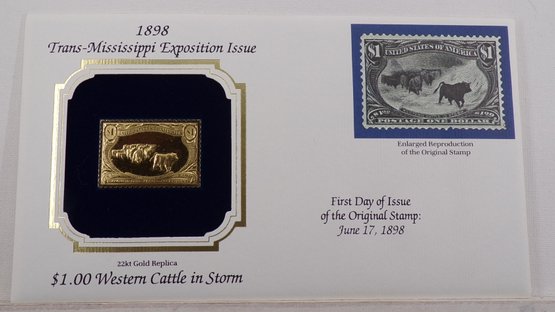 22kt Gold Replica 1898 (Trans-Mississippi Expo) $1 Western Cattle In Storm Stamp W/Replica Of Original