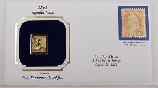 22kt Gold Replica 1861, 30C Benjamin Franklin Stamp Bearing Reproduction Of Original Stamp