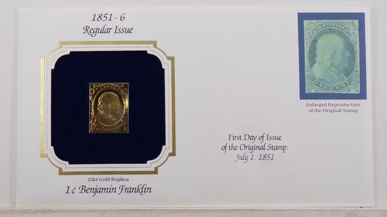 22kt Gold Replica 1851-6, 1C Benjamin Franklin Stamp Bearing Reproduction Of Original Stamp