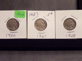 (3) Three Buffalo Nickels 1927, 1928, 1926