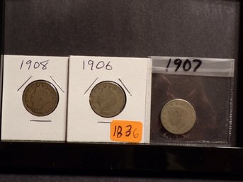 (3) Liberty Head V Nickels 1907, 1906, 1908