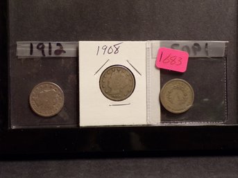 (3) Liberty Head V Nickels 1907, 1908, 1912