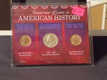 (3) Coins 1918 & 1945 Wheat Penny, 1976 Washington Quarter In Presentation Case
