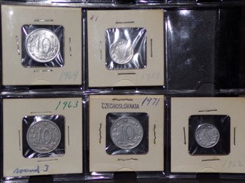 (5) Czechoslovakia Coins 1958, 1962-1 Haler, (3) 10 Haleru 1963, 1964, 1971