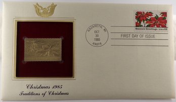 22kt Gold Replica 22C Christmas 1985 Stamp Enclosed In 1st Day Cover & Bearing 1st Day Of Issue Postmark