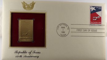 BU 22kt Gold Replica 22C Republic Of Texas Stamp Enclosed In 1st Day Cover & Bearing 1st Day Of Issue Postmark