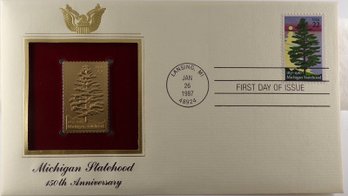 22kt Gold Replica 22C Michigan Statehood Stamp Enclosed In 1st Day Cover & Bearing 1st Day Of Issue Postmark