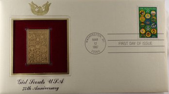 22kt Gold Replica 22C Girl Scouts USA Stamp Enclosed In 1st Day Cover & Bearing 1st Day Of Issue Postmark