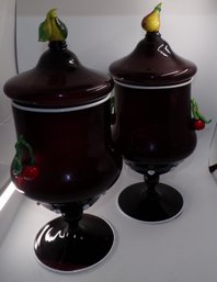 Beautiful Pair Of Vintage Murano Urns Blown Amethyst Glass & Lids Hand Painted Pickup Carbondale PA Or Ship