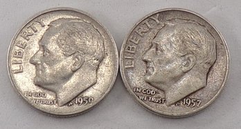 Error Two (2) Silver Roosevelt Dimes 1957-D & 1959
