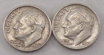Error Two (2) Silver Roosevelt Dimes 1958-D & 1957-D