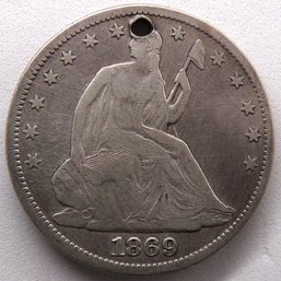 1869 Seated Liberty Silver Half Dollar (Type 4, Motto Above Eagle, No Arrows) 'Details-Drilled Hole'