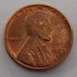Error 1957 Lincoln Wheat Cent 'B-I-E Error' About Uncirculated