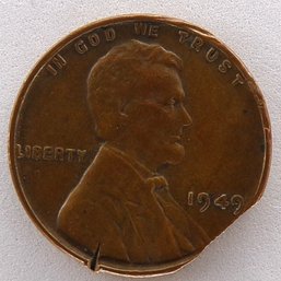 Error 1949 Lincoln Wheat Cent Clipped Planchet Lightly Circulated