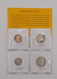 (4) U.S Proof Coins 1963 Lincoln Cent, 1964 Jefferson Nickel, 1990 Roosevelt Dime & 1977 Washington Quarter BU