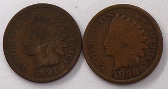 (2) Indian Head Cents 1891 & 1898