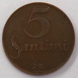 1922 Republic Of Latvia 5 Santimi (Scarce, Without Name Below Ribbon)