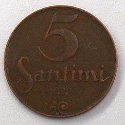 1922 Republic Of Latvia 5 Santimi (Scarce, Without Name Below Ribbon)