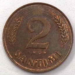 1939 Republic Of Latvia 2 Santimi (Most Were Never Placed In Circulation)