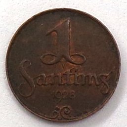 Republic Of Latvia 1928 1 Santimi (Scarce No Mintmark Below Ribbon)