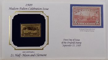 22kt Gold Replica 1909 (Hudson-Fulton Celebration) 2C Half-Moon And Clermont Stamp W/Replica Of Original