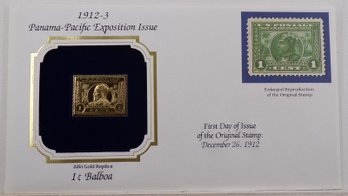 22kt Gold Replica 1912-3 (Panama-Pacific Exposition) 1C Balboa Stamp W/Replica Of Original