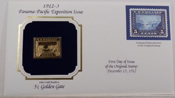 22kt Gold Replica 1912-3 (Panama-Pacific Exposition) 5C Golden Gate Stamp W/Replica Of Original