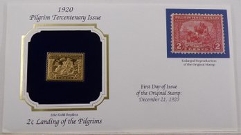 22kt Gold Replica 1920 (Pilgrim Tercentenary Issue) 2C Landing Of The Pilgrims Stamp W/Replica Of Original