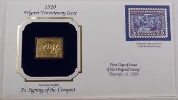 22kt Gold Replica 1920 (Pilgrim Tercentenary Issue) 5C Signing Of The Compact Stamp W/Replica Of Original