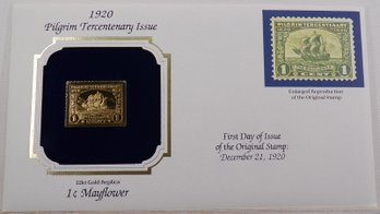 22kt Gold Replica 1920 (Pilgrim Tercentenary Issue) 1C Mayflower Stamp W/Replica Of Original