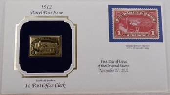 22kt Gold Replica 1912 (Parcel Post Issue) 1C Post Office Clerk Stamp W/Replica Of Original