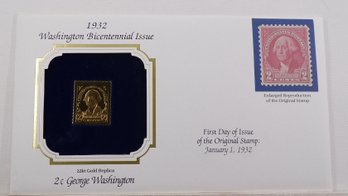 22kt Gold Replica 1932 (Washington Bicentennial) 2C George Washington Stamp W/Replica Of Original
