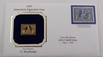 22kt Gold Replica 1907 (Jamestown Exposition) 5C Pocahontas Stamp W/Replica Of Original