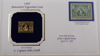 22kt Gold Replica 1907 (Jamestown Exposition) 1C Captain John Smith Stamp W/Replica Of Original