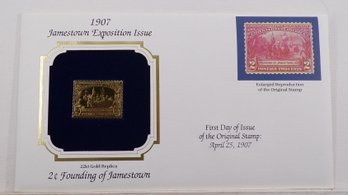 22kt Gold Replica 1907 (Jamestown Exposition) 2C Founding Of Jamestown Stamp W/Replica Of Original